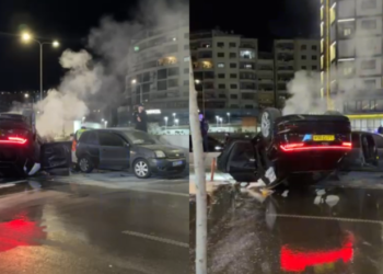 Aksident i frikshëm në Tiranë, makina kthehet përmbys në “Astir”