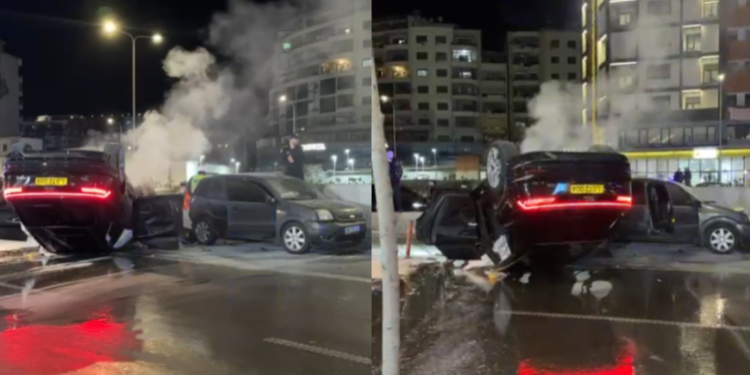 Aksident i frikshëm në Tiranë, makina kthehet përmbys në “Astir”