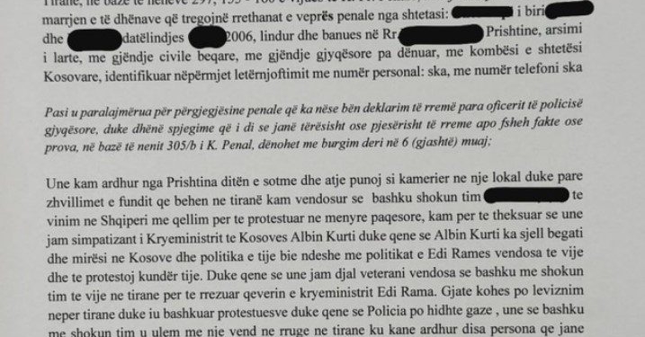 FAKSIMILE/ Dy militantët e arrestuar të Albin Kurtit: Erdhëm në Tiranë për të rrëzuar Ramën dhe për të vendosur një qeveri tjetër që mbështet politikat e Vetëvendosjes