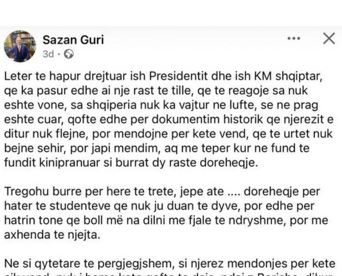 LETRA/ Sazan Guri i kërkon Berishës që të largohet nga drejtimi i PD-së: Tregohu burrë dhe jep dorëheqjen, hap rrugë për…
